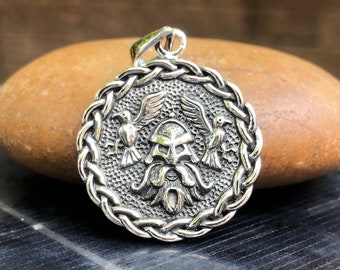 Handcrafted 925 Sterling Silver Viking God Odin Huginn & Muninn Raven Companion Pendant/Necklace Silver Jewelry