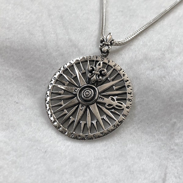 Compass Sterling Silver Pendant 925, Fleur De Lis Compass Necklace, Fleur De Lis Charm, Handcrafted Solid Silver Jewelry
