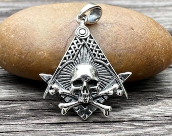 Handcrafted Skull Freemason Sterling Silver 925 Pendant/Necklace, Illuminati Brotherhood, Freemason Masonic, Square&Compass, Silver Jewelry
