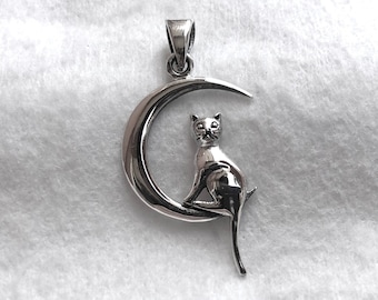 Cat Crescent Moon Sterling Silver Pendant 925 Wiccan Cat Moon Necklace Handcrafted Small Kitten Charm