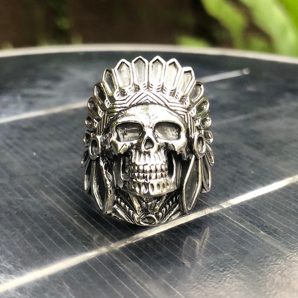 Handcrafted 925 Sterling Silver Heavy Skull Ring, Indian Chief Ring, Native American Chief Ring, Indian Tribe Chieftain Unisex Ring