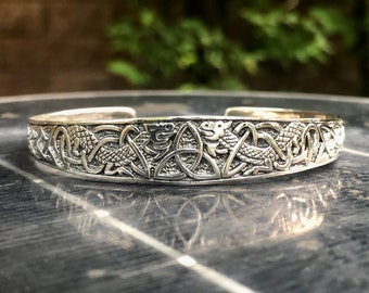 Handcrafted 925 Sterling Silver Celtic Triquetra Viking Dragon Celtic Knot Design Bracelet Bangles Cuff (Adjustable)