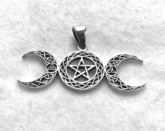 Triple Moon Sterling Silver Pendant 925 Pentagram Pentacle Wiccan Moon Goddess Necklace Handcrafted