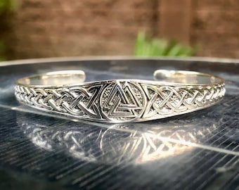 Handcrafted 925 Sterling Silver Viking Symbol Valknut Celtic Knot Design Bracelet Bangles Cuff (Adjustable)