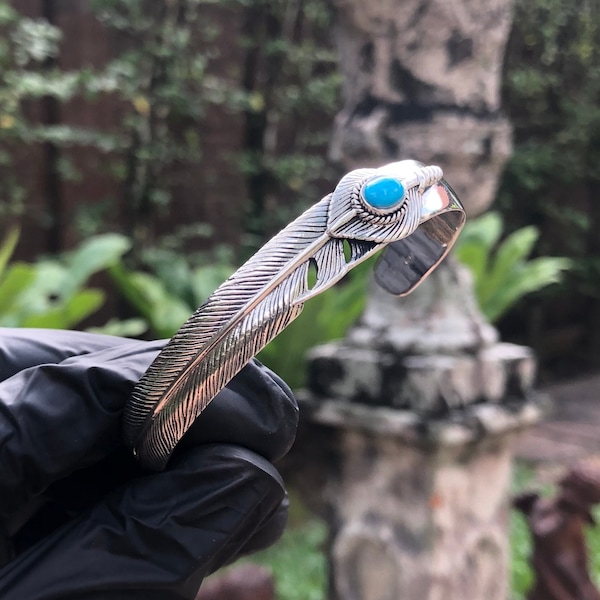 Handcrafted 925 Sterling Silver Native American Style Bird Feather Turquoise Stone Bangles Cuff Bracelet (Adjustable)