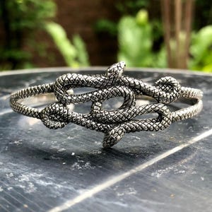 May include: A silver snake bracelet with a detailed, textured design. The snake is coiled and intertwined, creating a unique and eye-catching piece of jewellery.