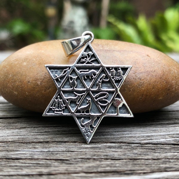 Handgefertigte 925 Sterling Silber Jüdischer Davidstern mit 12 Israel Tribes Magen Stern Judentum Symbol Anhänger / Halskette