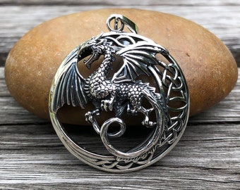 Fabriqué à la main 925 Sterling Silver Viking Dragon Celtic Knot Dragon Pendentif / Collier Argent Bijoux