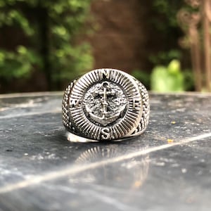 Handcrafted 925 Sterling Silver Anchor Ring Pirate Ship Anchor Punk Sailor Compass Amulet Ring Silver Jewelry Accessories Gift by VINTZ