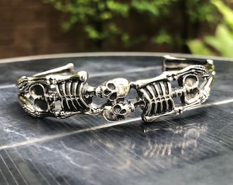 Handcrafted 925 Sterling Silver Skeleton Bracelet, Gothic Punk Skeleton Bracelet, Biker Skull Cuff Bangle Bracelet