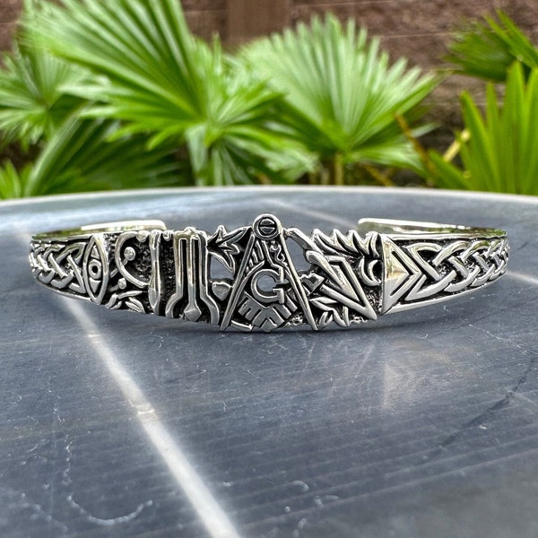 Handcrafted 925 Sterling Silver Illuminati Brotherhood Freemason Masonic Square & Compass Cuff Bracelet (Adjustable) Silver Jewelry