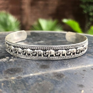 Handcrafted 925 Sterling Silver Thai Style Elephant Bracelet Bangles Cuff (Adjustable)