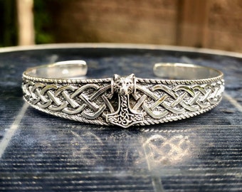 Handcrafted 925 Sterling Silver Wolf Head Mjölnir Viking Thor's Hammer Celtic Knot Pattern Cuff/Bangle Bracelet (Adjustable) Silver Jewelry