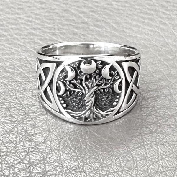 Handcrafted 925 Sterling Silver Tree of Life Ring Viking Yggdrasil Celtic World Tree Crescent Ring Silver Jewelry Accessory Gift by VINTZ