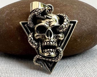 Handcrafted Brass Skull & Snake Gothic Punk Biker Skeleton Pendant/Necklace Jewelry Accessories VINTZ