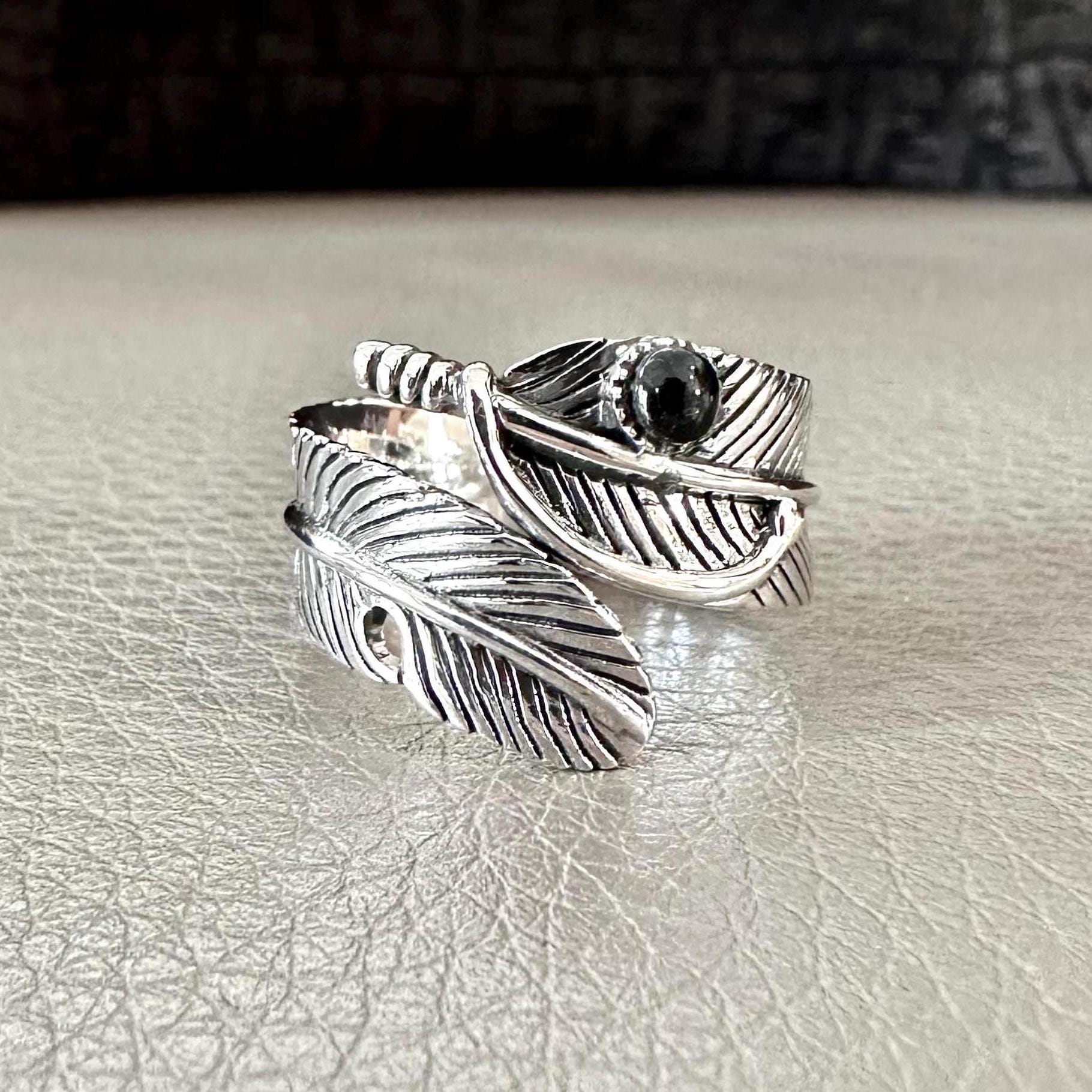 Handcrafted 925 Sterling Silver Bird Feather Ring Black Stone 