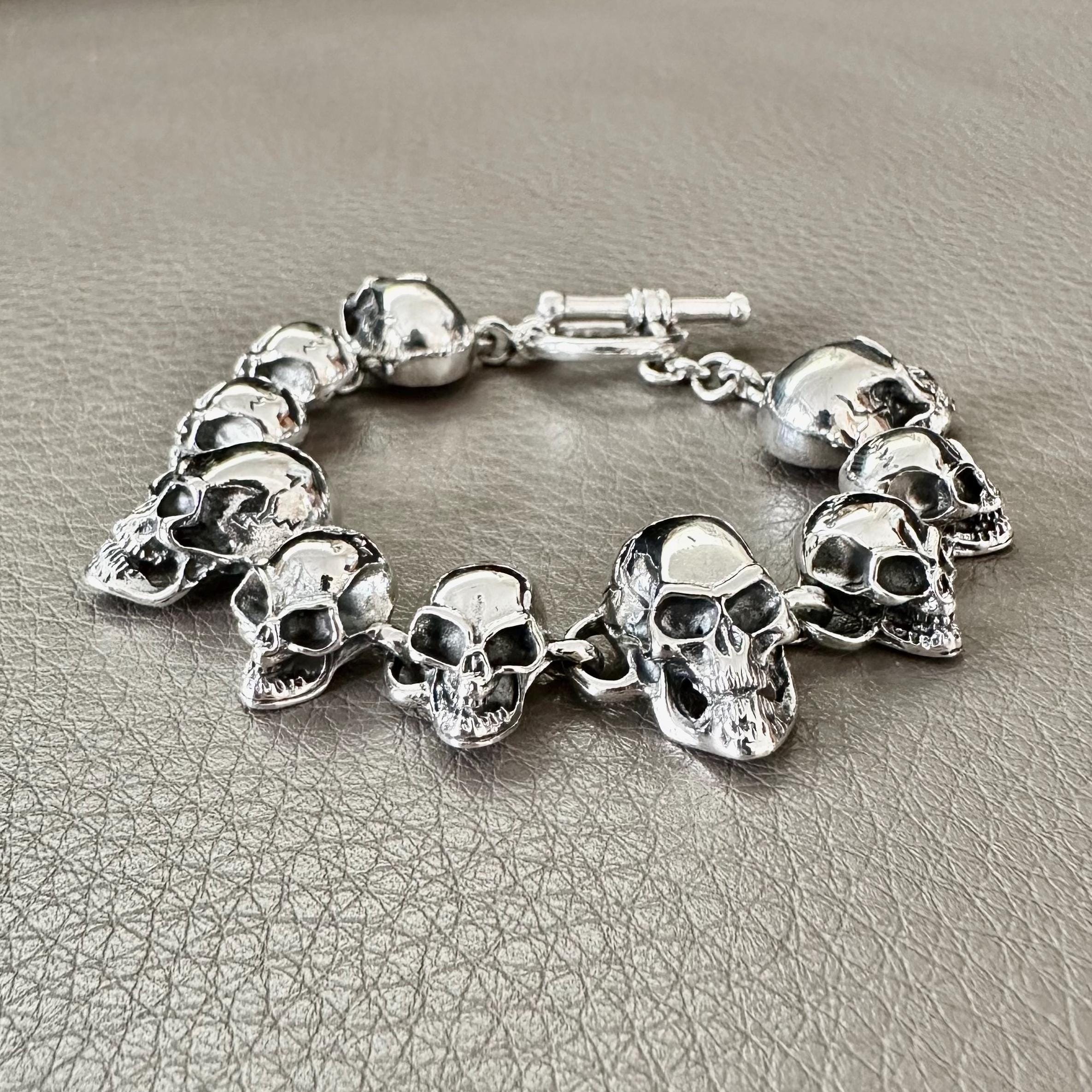 Handcrafted 925 Sterling Silver Heavy Skull Bracelet Skeleton
