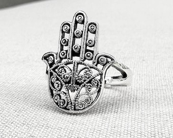 Handcrafted 925 Sterling Silver Fatima Hand Hamsa Islam Judaism Ring Jewelry Accessory Gift VINTZ
