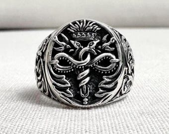 Handcrafted 925 Sterling Silver | Caduceus Ring | Staff of Hermes | Greek God Herald's Wand | VINTZ