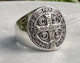 Handcrafted 925 Sterling Silver | Saint Benedict Cross Ring | Christian Crucifix Amulet |  Jewelry Accessory | VINTZ