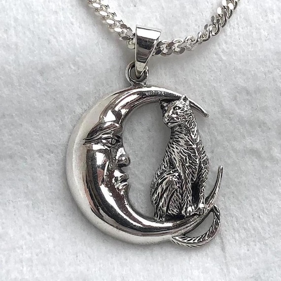 Handcrafted 925 Sterling Silver Cat Pendant Crescent Moon Wiccan  Pendant/Necklace Silver Jewelry Animal Accessories Gift by VINTZ