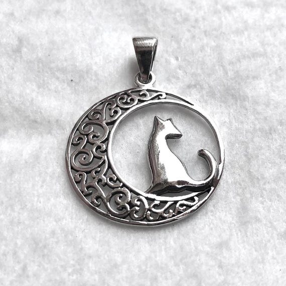 Handcrafted 925 Sterling Silver Cat Crescent Moon Pendant Half Moon Luna  Kitten Pendant/Necklace Silver Jewelry Accessories Gift by VINTZ