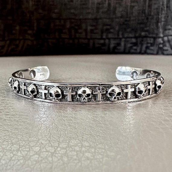 Handcrafted 925 Sterling Silver Skull Bracelet Skeleton Gothic