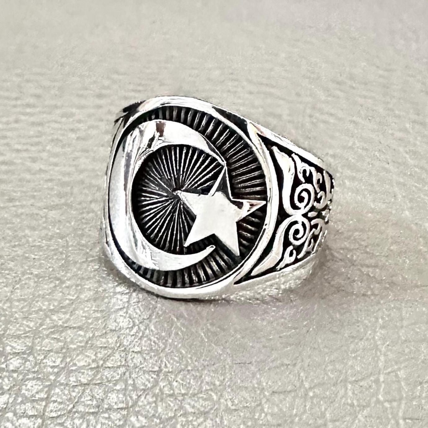 Handcrafted 925 Sterling Silver Star & Crescent Moon Ring Islam