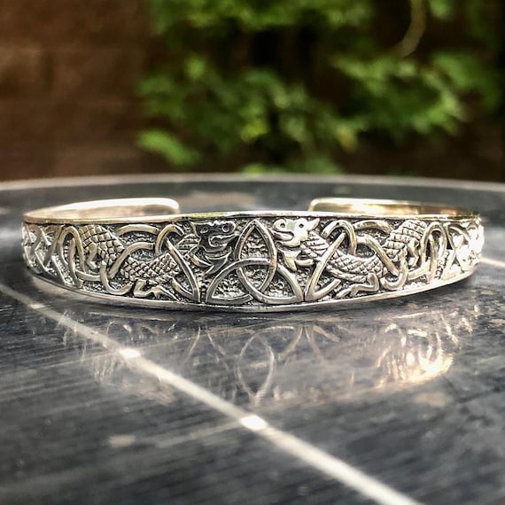 Handcrafted 925 Sterling Silver Triquetra Celtic Knot Viking Dragon Cuff Bracelet Jewelry Accessory VINTZ - UK