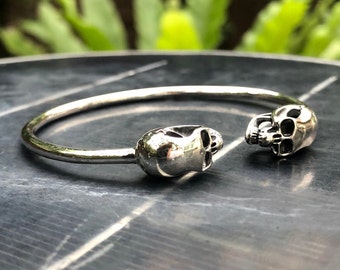 Handcrafted 925 Sterling Silver Skull Bracelet, Gothic Punk Skull Bracelet, Biker Skull Cuff Bangle Bracelet