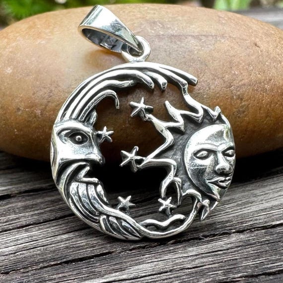 Collana Con Ciondolo Ovale Sole E Luna In Stile Antico, Placcata Argento, Idea Regalo Unica
