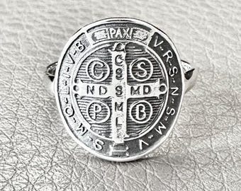 Handcrafted 925 Sterling Silver Saint Benedict Medal Ring Christian Crucifix Cross Amulet Ring Silver Jewelry Accessory Gift by VINTZ