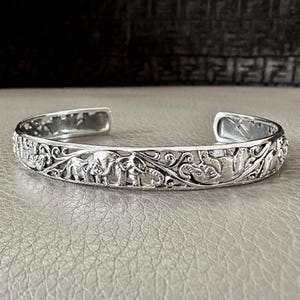 Handcrafted 925 Sterling Silver Elephant Bracelet Thai Style Elephant Cuff Bracelet Silver Jewelry Accessories Gift by VINTZ