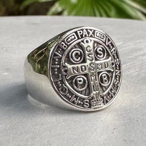 Handcrafted 925 Sterling Silver Saint Benedict Cross Ring Christian Crucifix Amulet Ring Silver Jewelry Accessories Gift by VINTZ