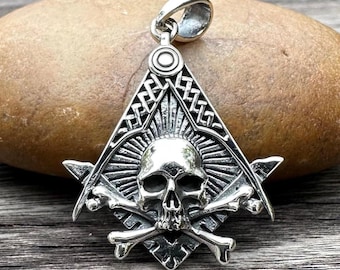 Handcrafted 925 Sterling Silver Freemason Pendant Masonic Illuminati Brotherhood & Skull Necklace Silver Jewelry Accessories Gift by VINTZ