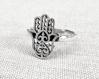 Handcrafted 925 Sterling Silver Fatima Hand Hamsa Islam Judaism Ring Jewelry Accessory Gift VINTZ