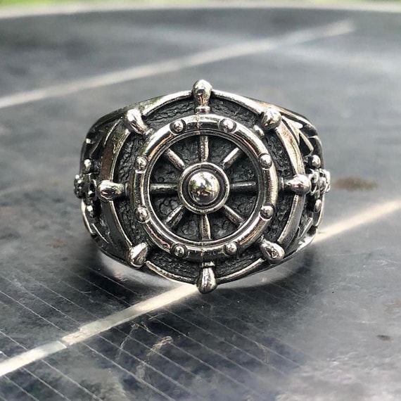 (宅)加護の指輪 Amulet ring 聖 Silver Works Handcrafted 925 Sterling Silver Boat Steering Wheel Anchor Sailor