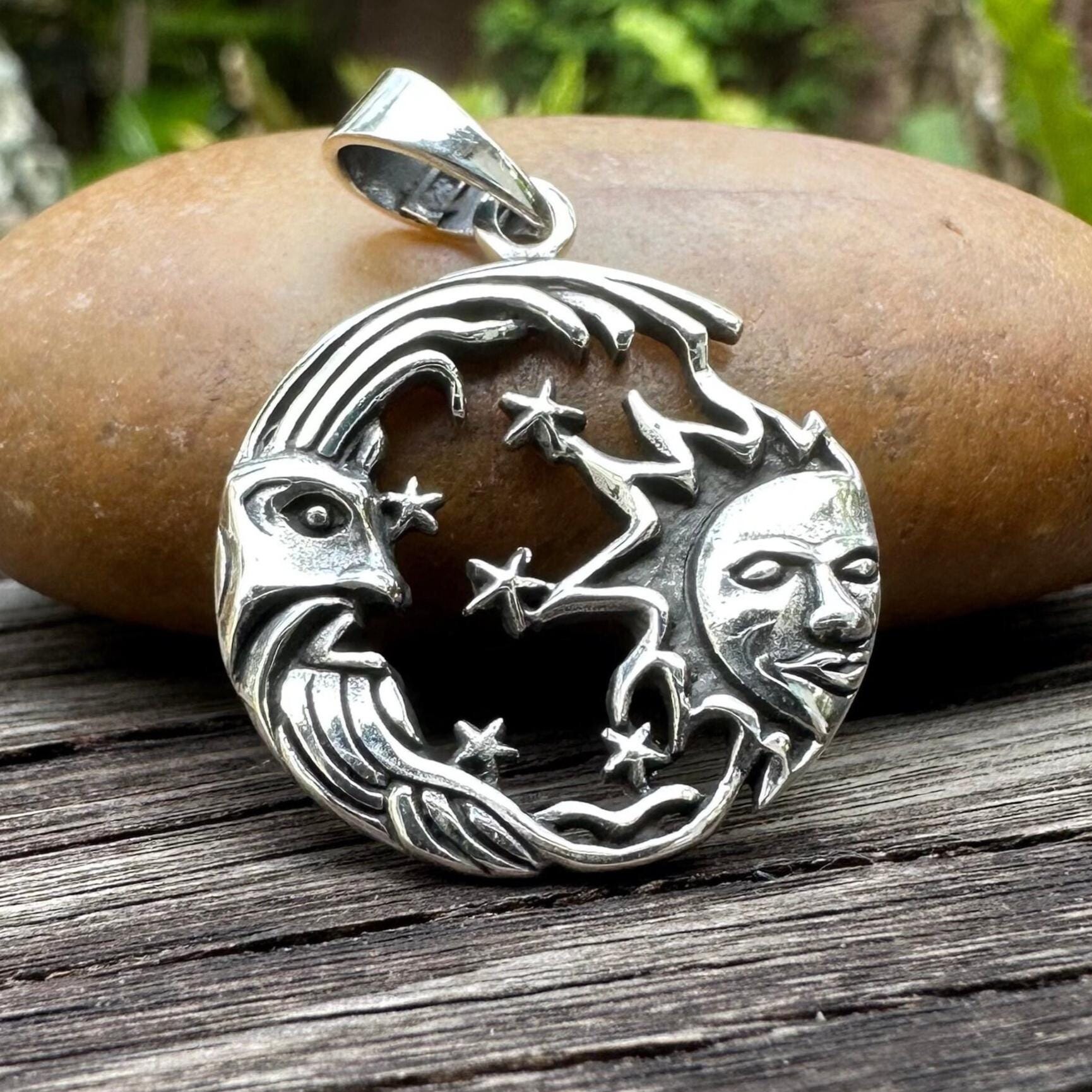 Handcrafted 925 Sterling Silver Sun & Moon Pendant Celtic Crescent