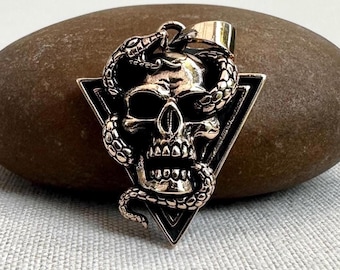 Handcrafted Bronze Skull & Snake Gothic Punk Biker Skeleton Pendant/Necklace Jewelry Accessories VINTZ