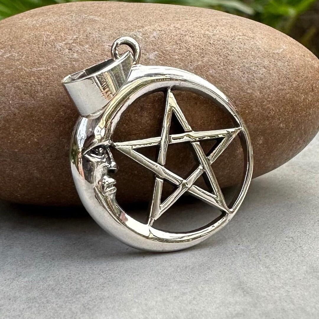 Handcrafted 925 Sterling Silver Pentagram Pendant Celtic Crescent Moon ...