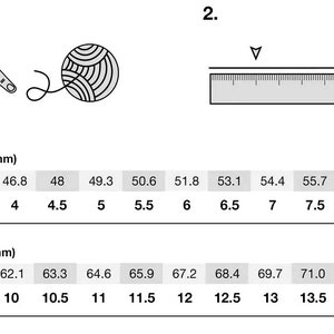 May include: A diagram showing how to measure your finger for ring size. The diagram shows a hand holding a ball of yarn and a ruler. The chart below shows the measurement in millimeters and the corresponding ring size.