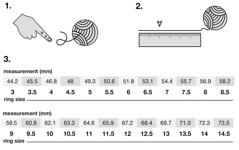 May include: A diagram showing how to measure your finger for ring size. The diagram shows a hand holding a ball of yarn and a ruler. The chart below shows the measurement in millimeters and the corresponding ring size.