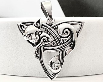Handgefertigte 925 Sterling Silber Katze Triquetra Anhänger Wikinger Keltischer Knoten Anhänger/Halskette Silber Schmuck Accessoires Geschenk by VINTZ