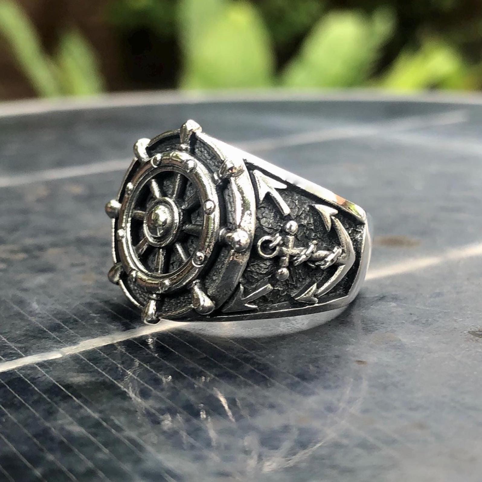 Handcrafted 925 Sterling Silver Boat Steering Wheel Ring Pirate Ship ...