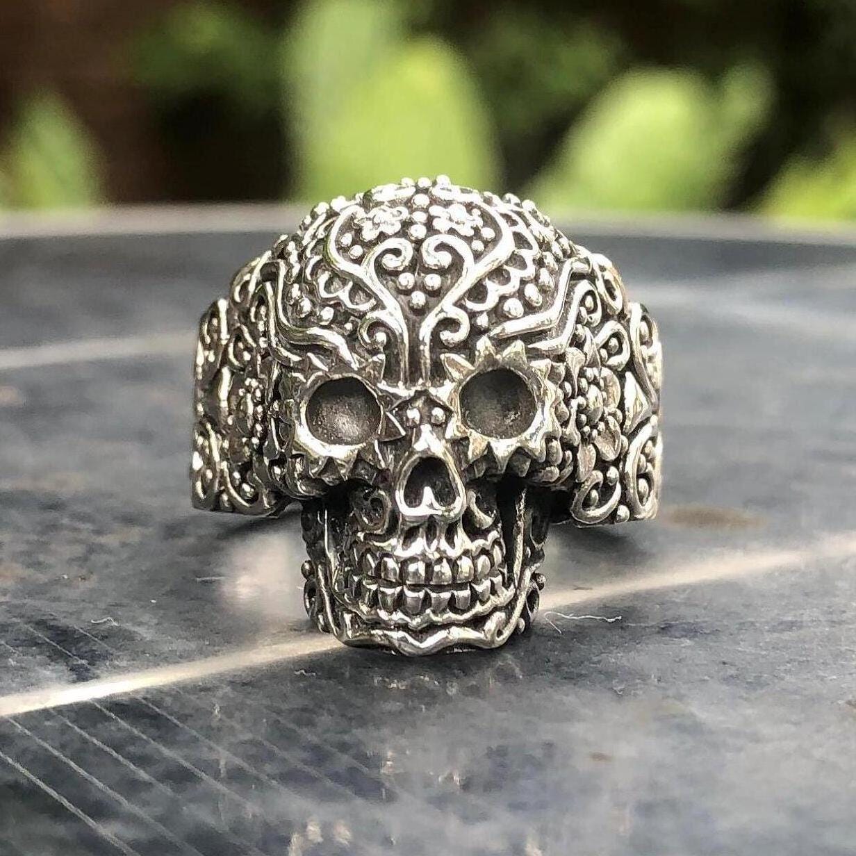 Handcrafted 925 Sterling Silver Skull Ring Bali Floral Skull