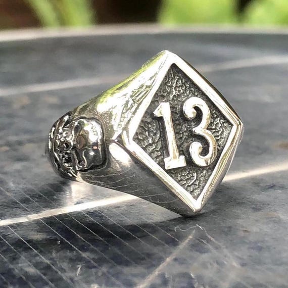 Handcrafted 925 Sterling Silver Diamond Lucky 13 Gothic Biker Ring