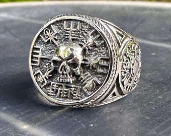 Handcrafted 925 Sterling Silver | Skull Ring | Viking Vegvisir | Biker Punk Skeleton | Gothic Jewelry | VINTZ