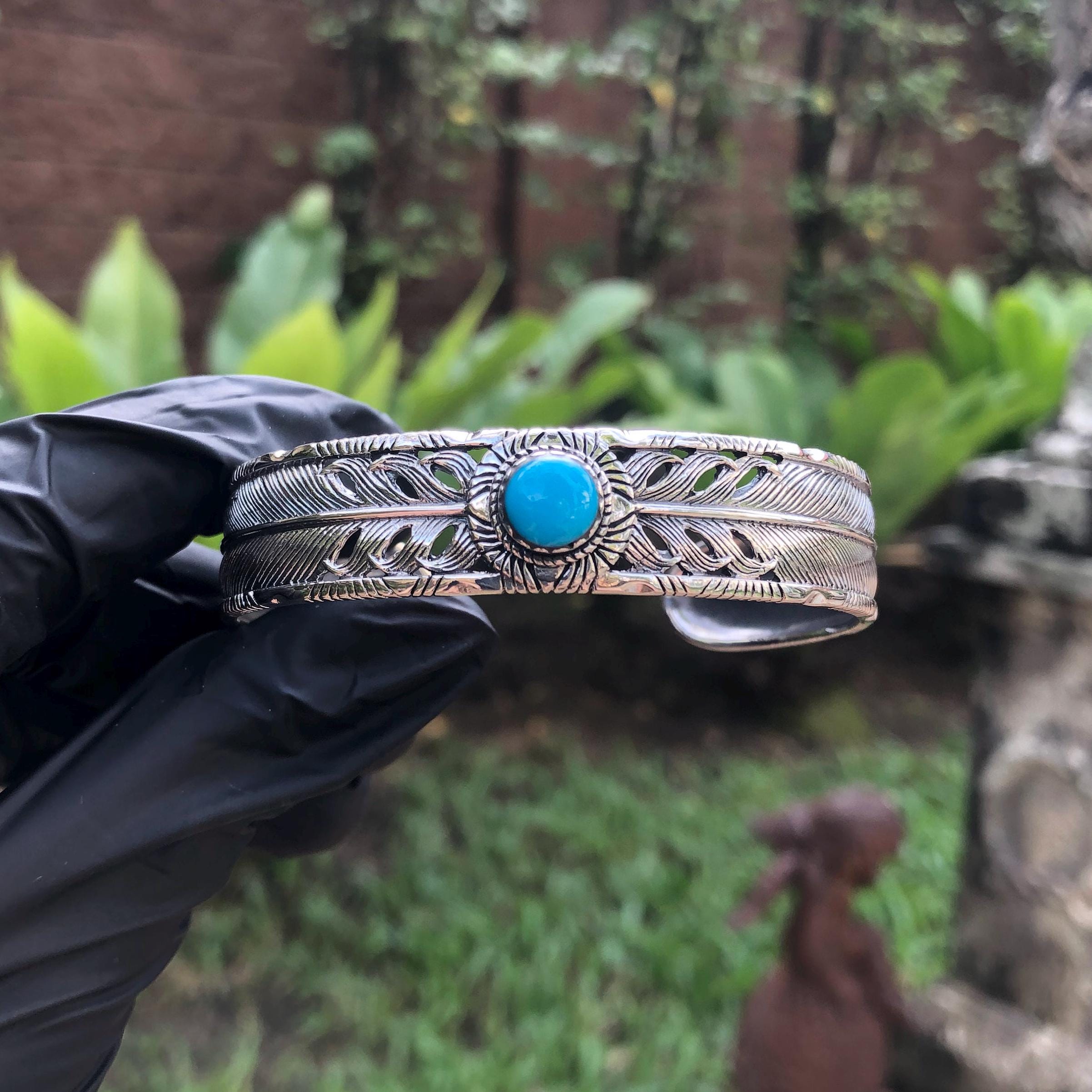 Bracciale Indiano Americano Regolabile In Argento 925 Con Turchese E Piuma - Stile Boho Western - 4