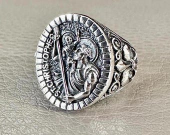 Handgefertigte 925 Sterling Silber Heiliger Christopherus Schutzpatron Silber Amulett Talisman Ring Silber Schmuck Geschenk von VINTZ