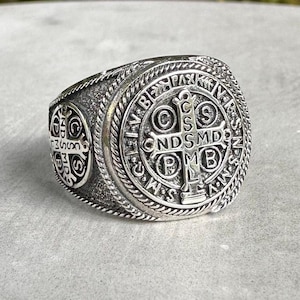 Handcrafted 925 Sterling Silver Cross Ring Saint Benedict Cross Christian Catholic Crucifix Jesus Amulet Ring Silver Jewelry Gift by VINTZ